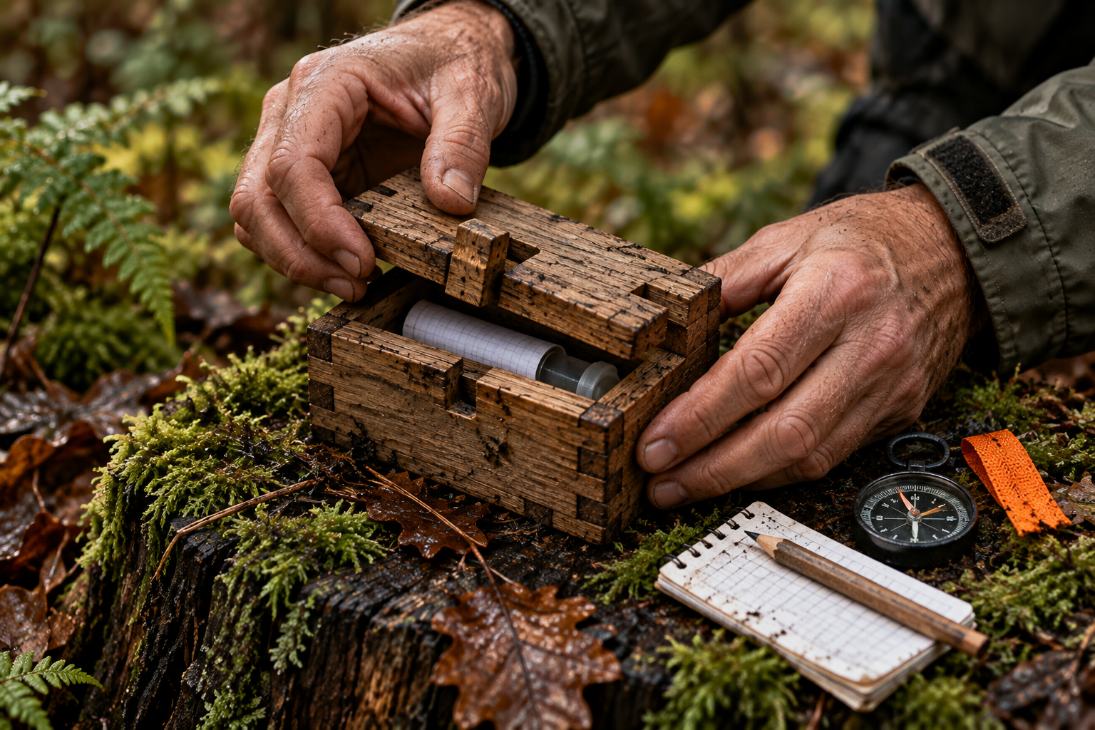 Geocaching avontuur in het bos